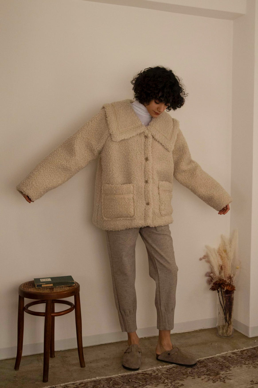 &lt;Restock&gt; Sailor collar boa coat - beige